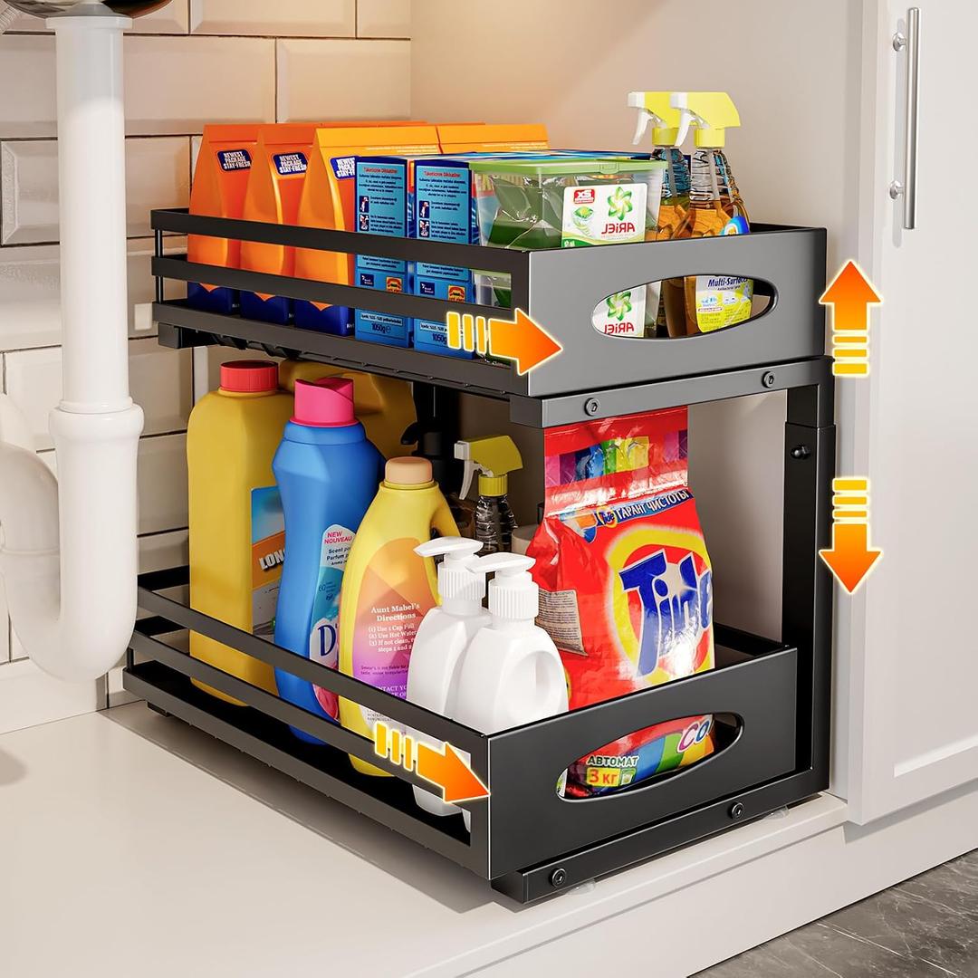 Under Sink Organizer, 2 Tier Under Sink Organizers and Storage, Adjustable Height, Slide out Metal Cabinet Organizers, Pull out Cabinet Storage Drawer Shelf for Kitchen Bathroom (Black, 1 Pack)