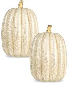 vensovo 8.5 Inch Large Off White Cracked Design Pumpkins for Decorating - 2PCS Big Foam Decorative Pumpkin for Fall Decoration, Paintable Artificial Pumpkins Perfect for Halloween Thanksgiving Decor