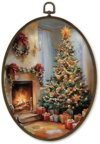 cvjutf Vintage Christmas Fireplace Tree Wall Art Decor Framed, Antique Winter Indoor Christmas Scene Oval Wall Decor Decorations, Rustic Xmas Canvas Prints Art for Home Living Room Bedroom, 8.7x11.3 In