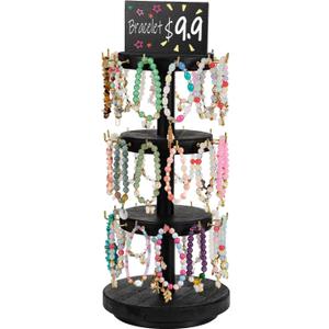 Pinzoveco Bracelet Holder, 3 Tier Wooden Rotating Bracelet Display Stand, Tree Stand Vendor Booth Display with Advertising Board, 36 Hooks for Bracelet, KeyChain Display Stands for Selling, Black (Patent Pending)