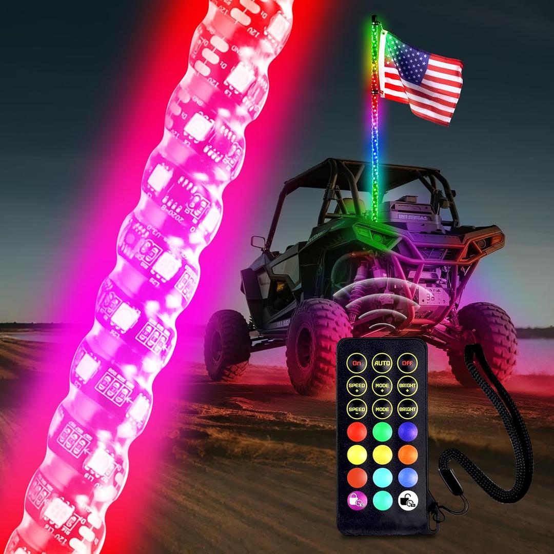 3FT(0.9M) RF Remote Control RGB LED Whips Light with Dacning/Chasing LED Antenna Light for Off- Road Vehicle ATV UTV RZR Jeep Trucks Dunes Lighting installations for Vehicles