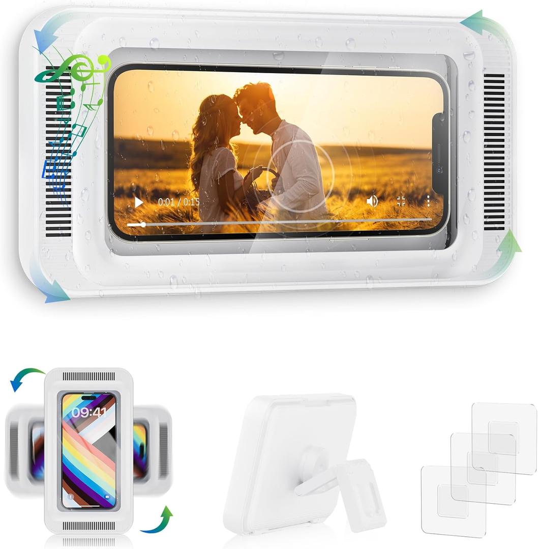 Upgraded Shower Phone Holder Waterproof with Speaker Hole Screentouch Shower Phone Stand Case Mount for Bathroom Bathtub Kitchen Wall Mirror for iPhone1716 15 14 13 12 11 Pro XS XR Max (White)