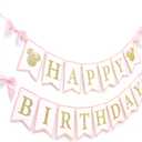 Mouse Happy Birthday Banner - Mouse Birthday Decorations, Pink And Gold Banner, Bow Girl 1st Pink Decor 
