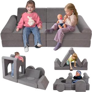 12-Piece Modular Kids Play Couch  Premium Soft Foam, Removable Cover, Comfortable & Safe Toddler Couch for Children 1-6 Years, Portable & Easy to Clean, Ideal for Living Room & Playroom (Grey)