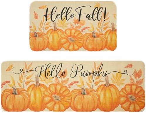 wyoansfhd Orange Hello Pumpkin Hello Fall Kitchen Mats Set of 2, Autumn Home Decor Low-Profile Kitchen Rugs for Floor - 17x30 and 17x47 Inch