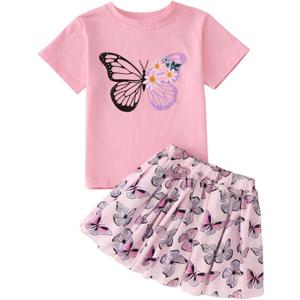 GLIGLITTR Girls Skirt Set Toddler Girl Cute Short Sleeve Butterfly T-Shirt Tops and Skirt 2 Piece Summer Outfit Clothes 6-7Y (Pink)