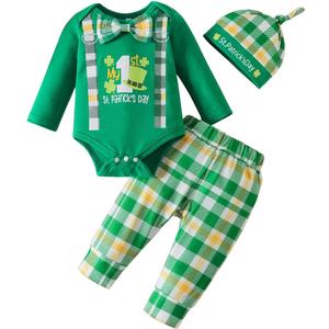 Baby Boy My 1st St.Patricks Easter Day Gentleman Outfit Bow Tie Romper Infant Clover Bunny Pant Sets AndHat (12-18 Months, Green-Cover)