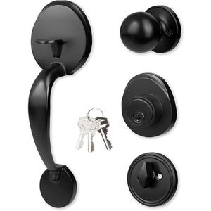 Front Door Handle and Round Deadbolt Door Key Lock,Entry Door Handle Set with Cove Knob,Exterior Door Lock Set,for Interior and Exterior Entrance Passage Door Lock Matte Black