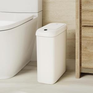 EKO Automatic Bathroom Trash Can with Lid, 2.6 Gallon Slim Touchless Garbage Can, Waterproof Motion Sensor Trash Bin for Bathroom, Office, Kitchen, White (Morandi 10L-Oat White)