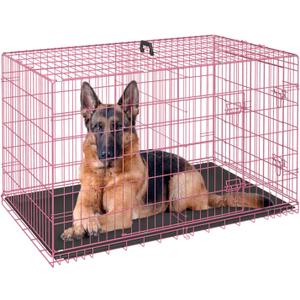 FDW Dog Crate for Large Dogs 48 Inch Folding Metal WirePet Cage Double Door W/Divider Panel Indoor Outdoor Kennel Leak-Proof Plastic Tray,Pink