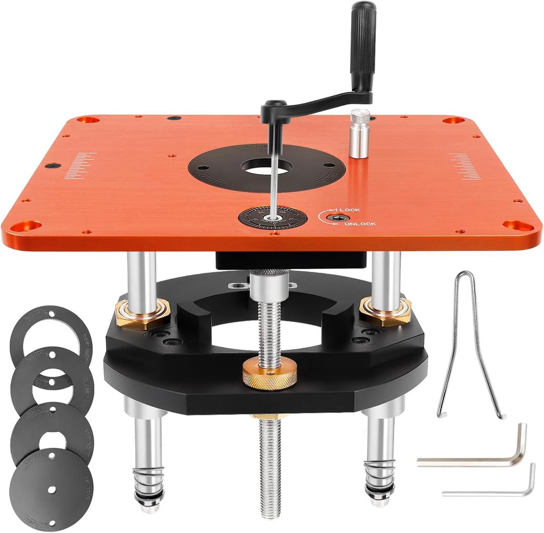 Router Lift for 3-1/2"Diameter Motors, 9-1/4" x 11-3/4"Panels, 3/4" Arc, Upgraded Clamp, Leveling Screws & Manual Crank-Operated Lifting Mechanism