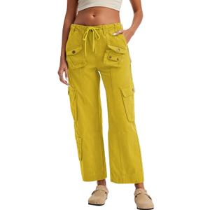 Cargo Pants for Women Low Rise Drawstring Waist 7 Pockets Hiking Work Wide Leg Pants with Zipper Button Closure (Small)