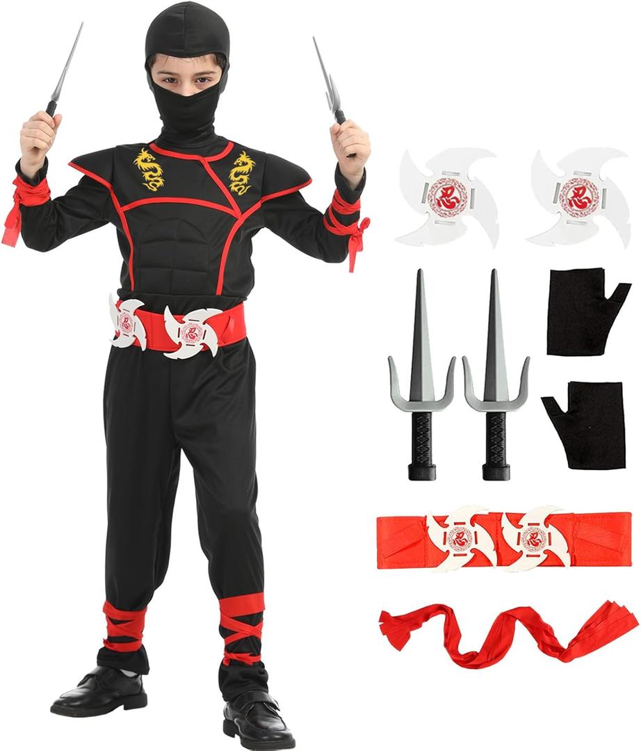 Bad boy league Kids Ninja Costumes Set Dragon Ninja Costume Halloween Ninjas Cosplay Suit for Boys Girls Halloween Party(Kids-S-4/ 5T Black)