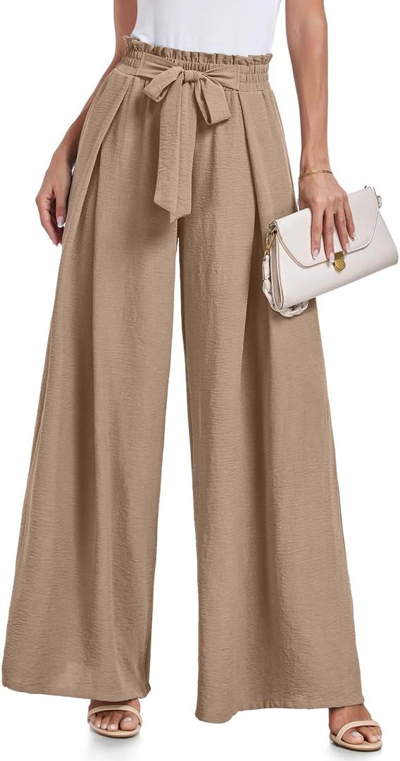 Lepunuo Wide Leg Pants for Women High Waisted Palazzo Pants Work Casual Flowy Tie Knot Trousers with Pockets (X-Large, A - Coffee Grey)