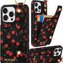Petitian for iPhone 14 Pro Case with Wallet - Women Girls Cute Girly Aesthetic Unique Design Leather Credit Card Holder Cardholder Stand Wristband for iPhone 14 Pro, Cherry