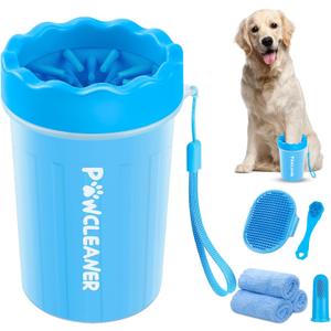 Professional 7 in 1 Dog Paw Cleaner for Dogs & Cats - Includes 1 Portable Paw Washer, 1 Bath Brush, 2 Dog Toothbrushes and 3 Absorbent Towels Note: Fits Paws 1.5 to 2.5 Inches Wide (Medium, Blue)