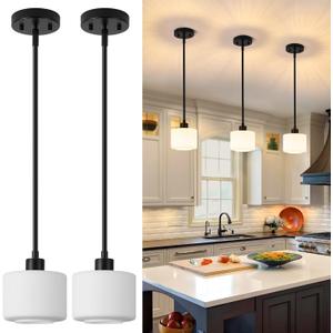 Black Pendant Lights Kitchen Island 2 Pack, Modern Milk Glass Hanging Light Fixtures with Rods, Mini Kitchen Pendant Lighting Over Island for Sink Bathroom, OS-YQ8153-2PBK