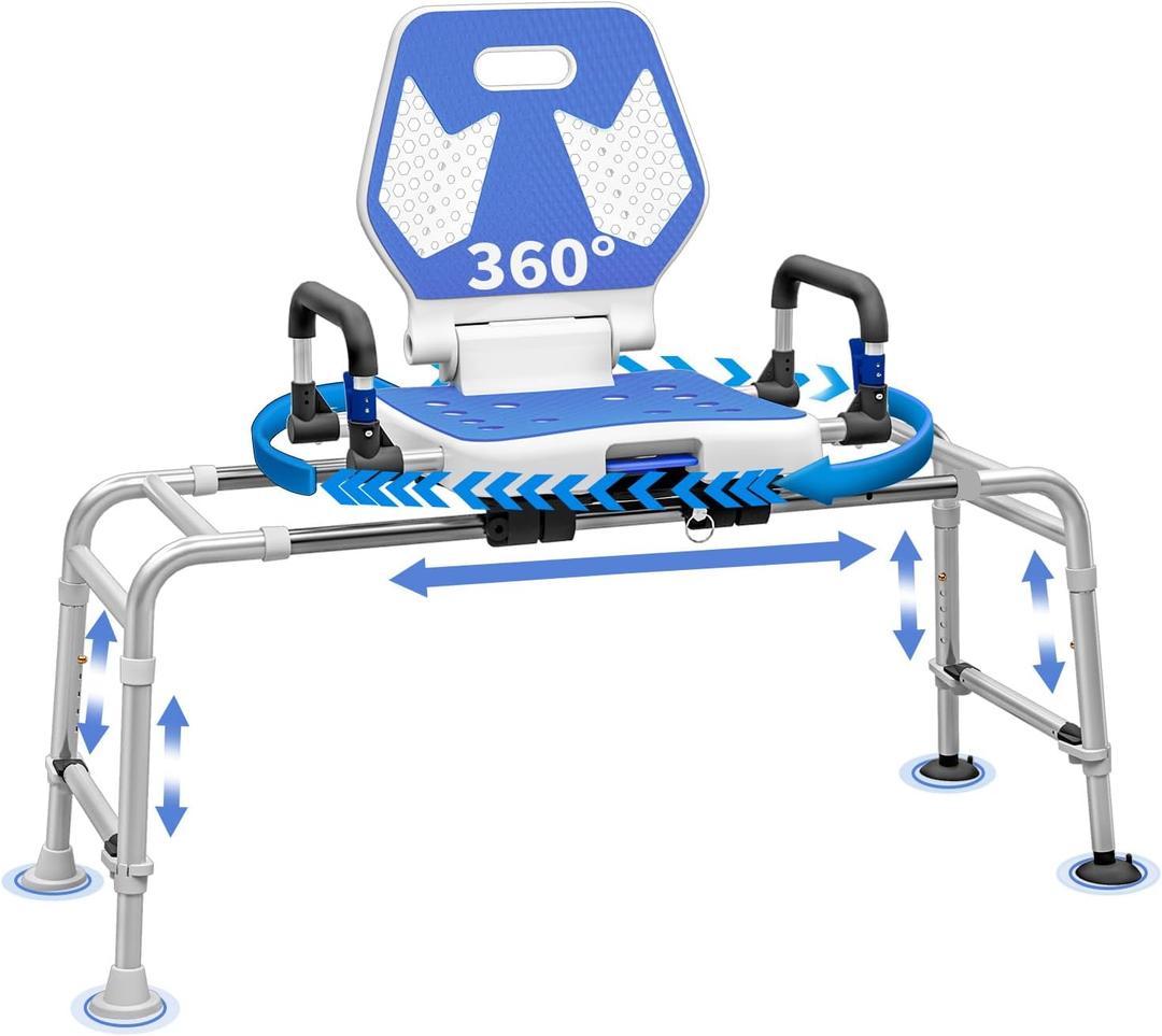 Sliding Shower Chair Swivel Tub Transfer Bench with Backrest with Non Slip Suction Cups 400lbs Weight Capacity Adjustable Height Shower Seat for Elderly Disabled Bathing Inside Shower (Widened Push-Pull Rotating Type), White/Blue 