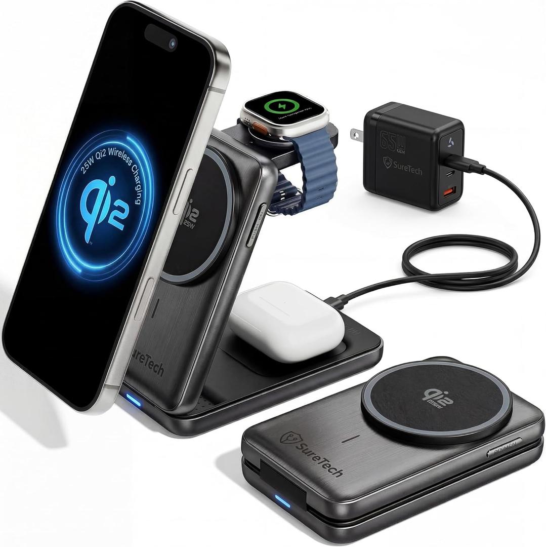 Qi2.2 Certified 3-in-1 Foldable Wireless Charging Station for Apple Devices with 65W Adapter, 25W Fast Charging Dock, Portable Magnetic Charger for iPhone 17-13, Apple Watch Series & AirPods