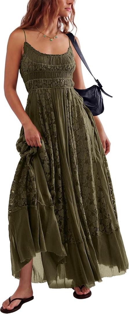Gacaky Summer Dress for Women Casual Lace Floral Embroidered Bohemian Maxi Dress Flowy A Line Beach Long Dresses (Green) XL