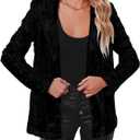 Shiny Metallic Jacket Women Black Open Front Long Sleeve Sequin Sparkle Bomber Jacket Sweatshirt Black M (Black)