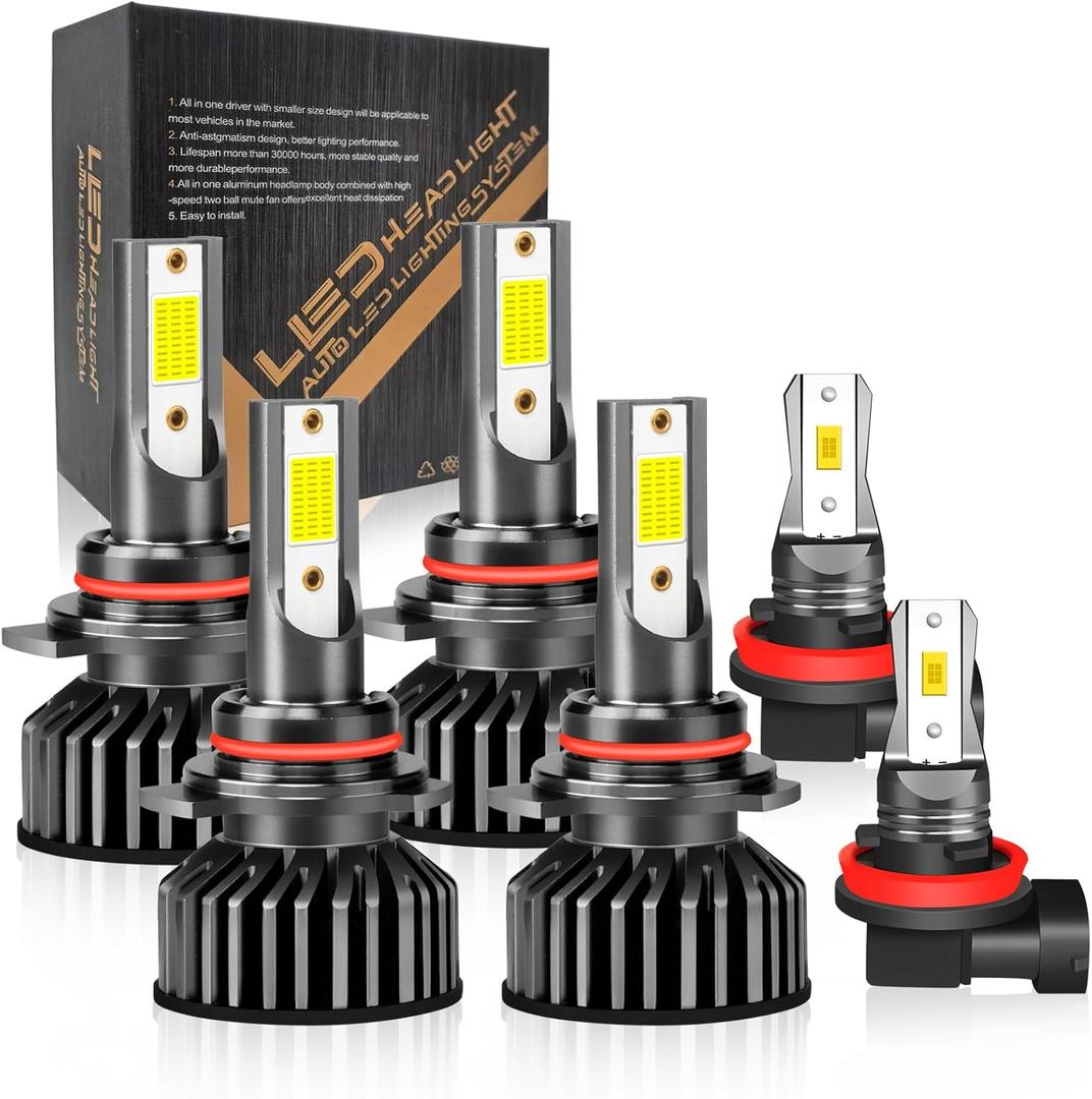 Fit For Honda Civic (2004-2015), 9005 9006 LED Bulbs,9005+9006 High & Low Beam Bulbs, H11 Fog Lights, 500% Brightness, 6000K White,Plug and play, IP68,Pack of 6