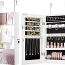 SONGMICS Mirror Jewelry Cabinet Armoire with Built-in LED Lights, Wall or Door Mounted Jewelry Storage Organizer, 3.8 x 14.6 x 26.4 Inches Hanging Mirror Cabinet, Gift Idea, White UJJC050W01