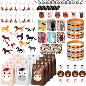 156 Pcs Horse Party Favors Cowboy Birthday Supplies Horse Favor Bags Figurine Silicone Bracelet Badges Keychain Make Your Own Cowboy Cowgirl Animals Stickers Necklaces for Birthday Party Decorations