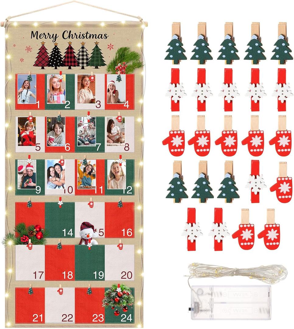 Fabric Christmas Advent Calendar with Pockets Reusable 24 Days Christmas Advent Countdown Calendar Photo Board for Pictures Hanging Display Bag for Xmas Holiday Home Wall Decor (Classic)