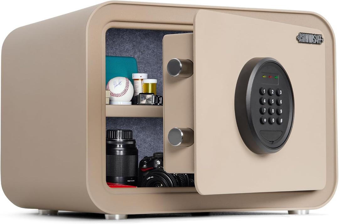 Digital Safe Box, 1.0 Cu.ft Heavy Duty Solid Steel Home Safe with Keypad, Small Personal Security Lock Box for Money, Jewelry, Anti-Theft Money Box for Hotel, Dorm, Office (Sand)