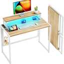 Small Folding Desk 31.5 Inch, Foldable Computer Desks with LED Lights and Monitor Stand, Work Portable Table for Bedroom Home Office, Oak