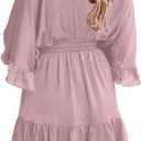 Aoysky Womens V Neck Casual Dresses Summer Loose High Waist Ruffle Pleated Cute Mini Short Dress (Pink, XXXL)