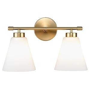 Hamilyeah Bathroom Vanity Light Fixture, 2 Light Milk Glass Lighting, White and Gold Lights Over Mirror, Two Bulb Sconces Wall Lighting for Living Room, Bedroom, Restroom, Bath, Dining Room UL Listed