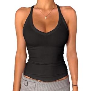 Danysu V Neck Racer Back Tank Top for Women Padded Ribbed Long Tank Fitted Basic Cami Tops Size XL