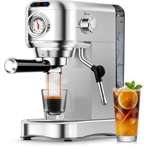 Espresso Machine 20 Bar, Compact Espresso Coffee Machine with Milk Frother, Stainless Steel Coffee Maker with 34oz Removable Water Tank, Cappuccino Machine for Home, Office, Fathers Day Dad Gifts