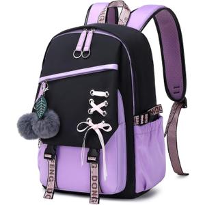 FENGDONG Teenage Girls Bookbag School Backpack Children Casual Daypack Schoolbag for Teens Black Purple