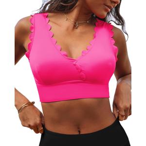 GRAPENT Bikini Tops for Women Scalloped Bathing Suit Beach Padded Adjustable Cropped Tankini Swimwear Swim Top Only (Medium, Neon Pink)