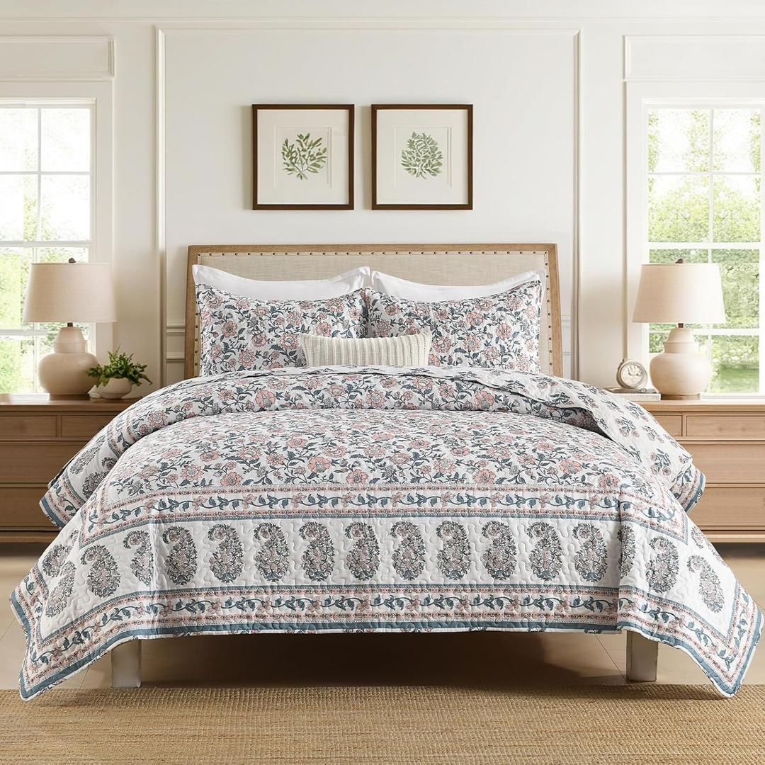 Secgo Queen Size Comforter Set- 100% Cotton Quilt Queen Size Set, Green, Sage bedspreads (90 * 96 Inch) with 2 Pillow Shams, Patchwork Reversible Lightweight Bedding