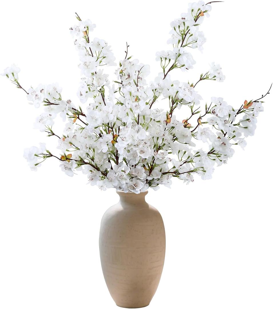 4pcs Cherry Blossom Branches Artificial Flowers for Spring Tall Vase Decoration,40" Long Stem Fake Cherry Flowers for Home Wedding Party Bedroom Table Centerpiece Arrangement Decor(White)