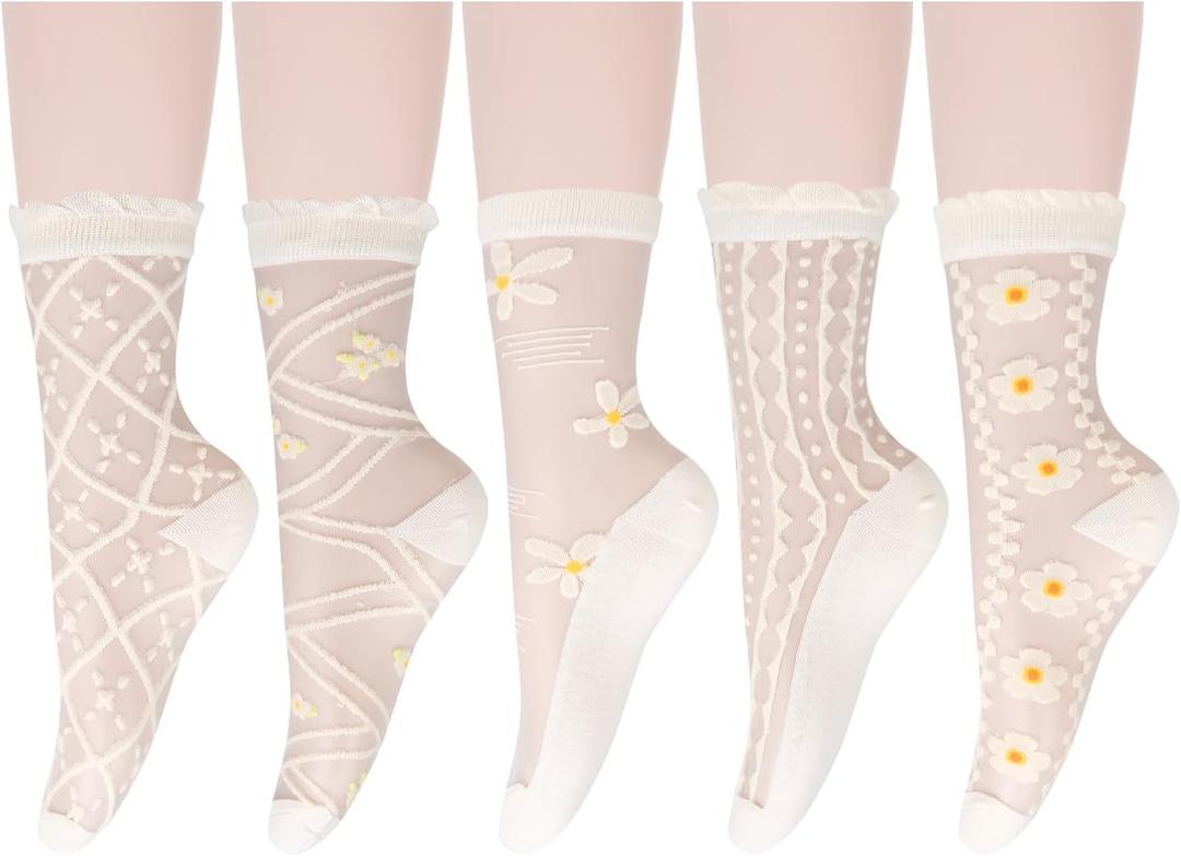 Benefeet Sox Sheer Socks Women Girls Crystal Glass Lace Socks Ankle Thin Summer Sock Transparent See Through Mesh Sock (One Size, 5 Pair-frilly White Sakura Flower)