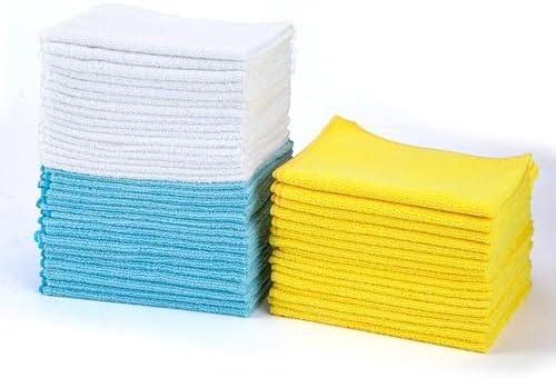 Amazon Basics Microfiber Cleaning Cloths, Highly Absorbent, Scratch-Free, Ultra-Soft, Non-Abrasive, Reusable and Washable, 16" x 12", Blue/White/Yellow, 24-Pack