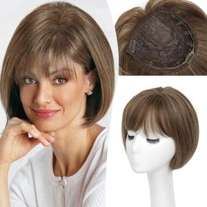UDU Short Bob Hair Topper for Women Thinning Hair  Clip in Hairpiece for Volume and Coverage  Natural Look Wiglet with Bangs  Lightweight and Breathable (Mixed Brown)