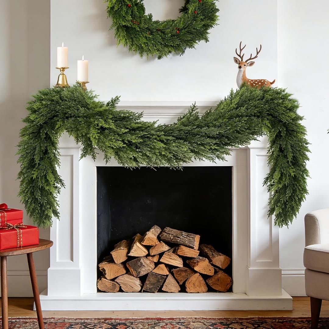 6FT Lush Christmas Cedar Garland Real Touch Artificial Realistic Soft and Thickness Greenery Faux Cedar Pine Garland for Home Fireplace Table Indoor Outdoor Holiday Christmas Decoration