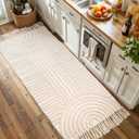 Boho Bathroom Rugs with Tassels Cotton Bath Mat Washable Bathroom Rugs, Boho Area Rug Beige Tufted Woven Rainbow Rug 2' x 4.3', Medium