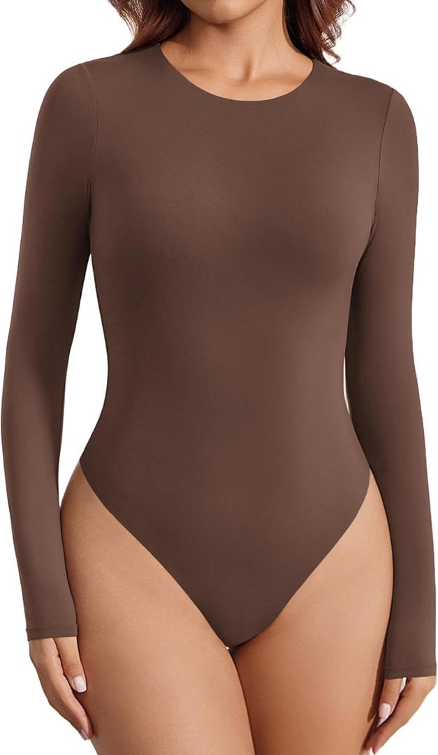 Avidlove Women's Crew Neck Long Sleeve Bodysuits Basic Slim Tops Double Lined Thong Bodysuit (Brown, L)