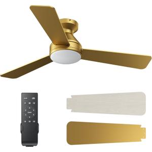 Ceiling Fans with Lights, 42 Inch Ceiling Fan with Light And Remote, 3CCT Flush Moun Low Profile Ceiling Fans, 6 Speed Noiseless LED Ceiling Fan, All Gold Ceilings Fan for Bedroom Living Room