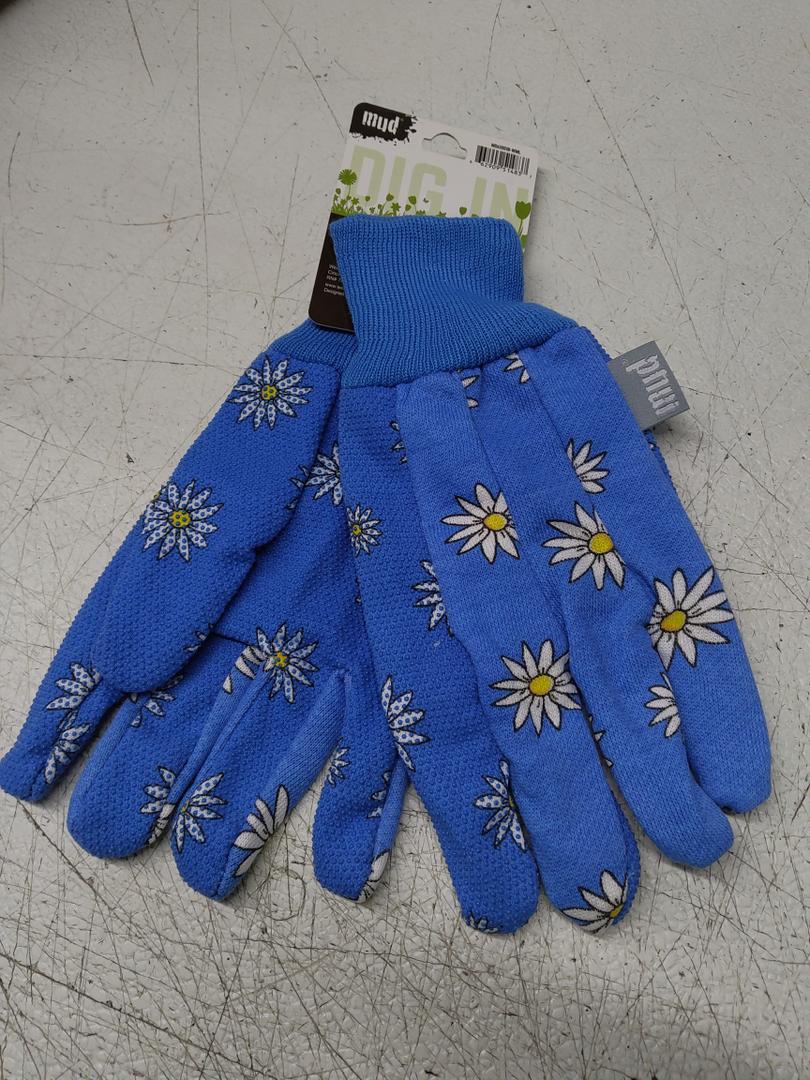 MUD Basic Women's PVC Dotted Palm And Daisy Printed Jersey Garden Glove, Extreme Comfort, Excellent Grip, Durable Wear, Blue, Medium/Large (M61001B-WML),MD61001B-WML