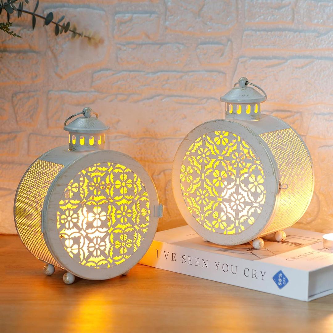 TRIROCKS Set of 2 Small Round Vintage Candle Lanterns 7.5" H Decorative Hanging Candle Holders for Indoor Tables Parities Weddings Patio and Garden (White, Hollow Retro Pattern)