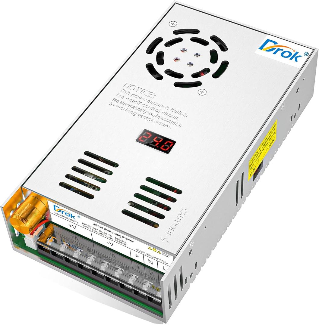 DROK 24V Power Supply, AC 110V/220V to DC 024V 20A 480W Buck Converter, Variable Adjustable Adapter Regulated 5V 12V 24V Volt Switching Voltage LED Transformer 20A Amp Charger for Computer Lab
