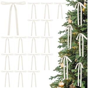 Glitinsel 24 Pcs Velvet Bows Christmas Tree Ornaments Vintage Double Faced Velvet Ribbon Bows for Tree Garland Wreath Indoor Outdoor Xmas(5 x 7 Inch, Width of 3/ 8", Cream)